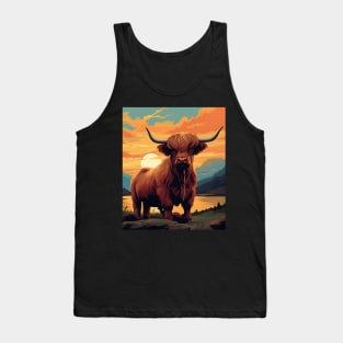 Highland Cattle Sunset Retro Art | Vintage-Inspired Landscape with Scottish Cows Tank Top